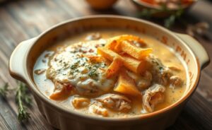 Fricassê de frango cremoso com queijo derretido e batata palha - prato tradicional brasileiro preparado com ingredientes para fricassê selecionados