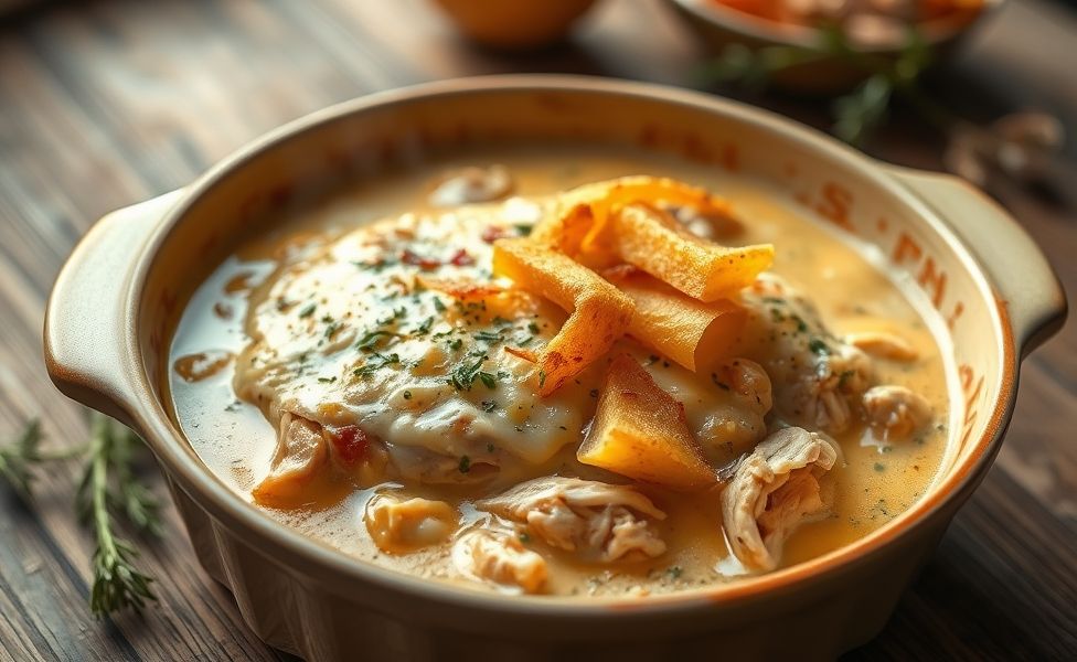 Fricassê de frango cremoso com queijo derretido e batata palha - prato tradicional brasileiro preparado com ingredientes para fricassê selecionados