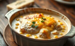 Fricassê de frango ingredientes cremoso com queijo gratinado em refratário, milho visível no molho e salsinha fresca como finalização