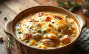 Fricassê de frango cremoso gratinado com queijo derretido, milho e ervilhas em refratário dourado