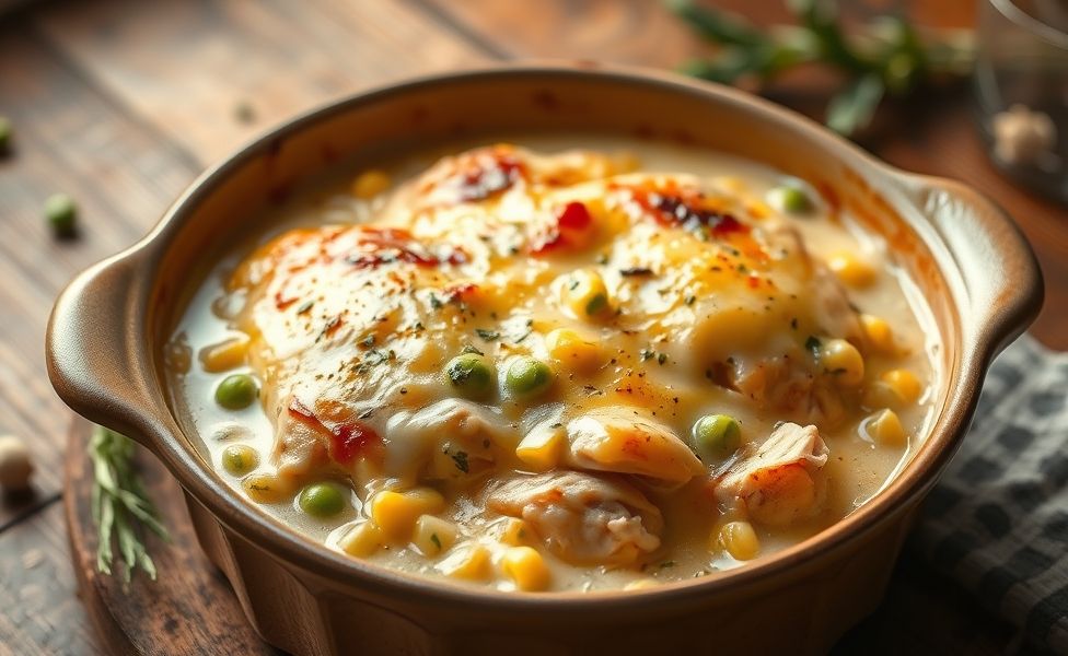 Fricassê de frango cremoso gratinado com queijo derretido, milho e ervilhas em refratário dourado