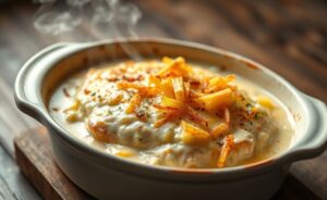 Fricassê de frango cremoso com queijo derretido e batata palha crocante - prato tradicional brasileiro preparado com ingredientes fricassê
