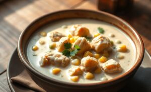 Fricassé de frango cremoso com milho e ervilha em bowl cerâmico - prato tradicional brasileiro preparado com ingredientes para fazer fricassé caseiro