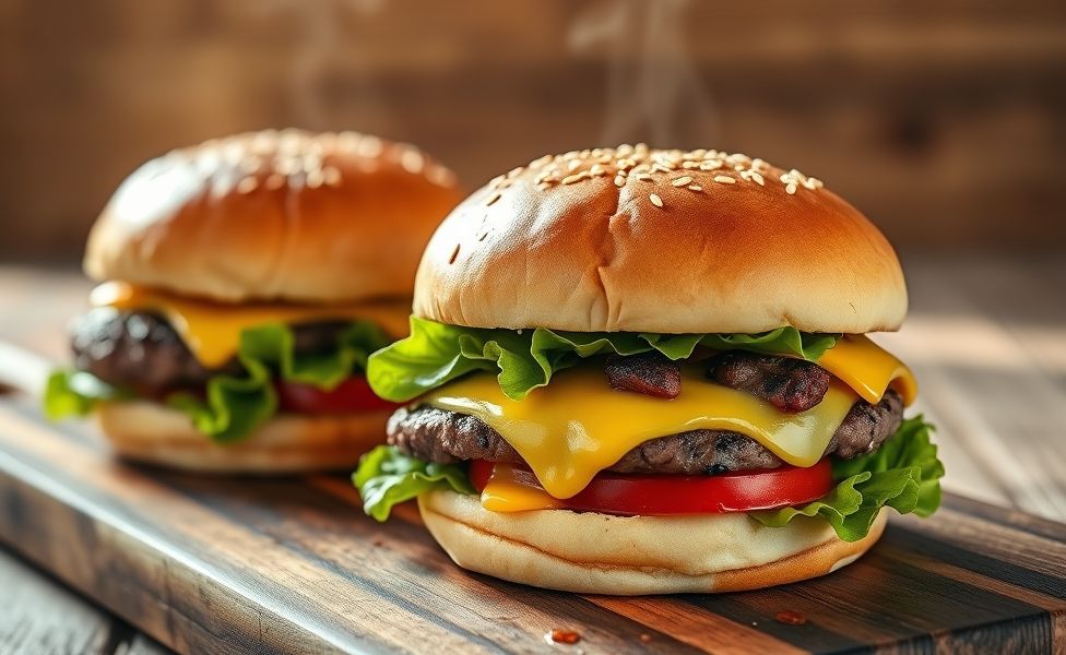 Hambúrguer caseiro suculento grelhado perfeito com queijo derretido em pão brioche, mostrando ingredientes para fazer hambúrguer caseiro frescos