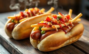 Cachorro quente brasileiro completo com salsicha dourada, milho, ervilha, batata palha crocante e molhos sobre pão macio - ingredientes cachorro quente perfeitos