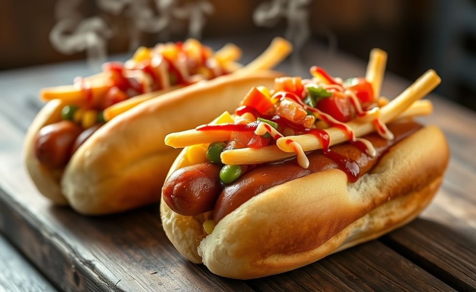 Cachorro quente brasileiro completo com salsicha dourada, milho, ervilha, batata palha crocante e molhos sobre pão macio - ingredientes cachorro quente perfeitos