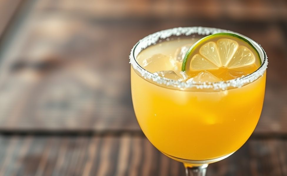 Coquetel margarita feito com ingredientes de margarita frescos em copo clássico com borda salgada e decoração de limão