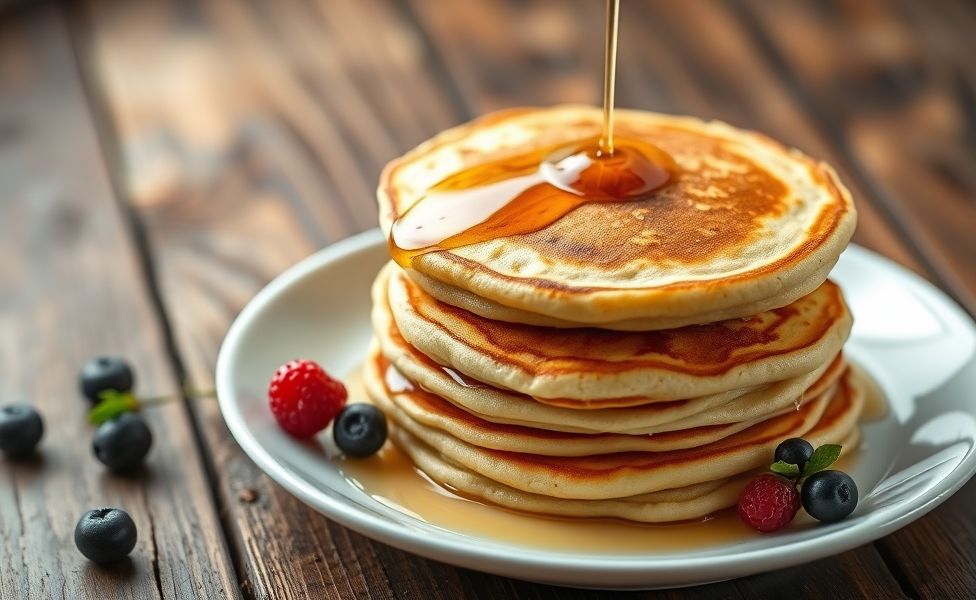 Pilha dourada de panquecas feitas com ingredientes de panqueca tradicionais, servidas com mel e frutas vermelhas frescas