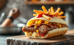 Cachorro quente brasileiro completo com salsicha, purê de batata, milho e batata palha - ingredientes para cachorro quente tradicionais