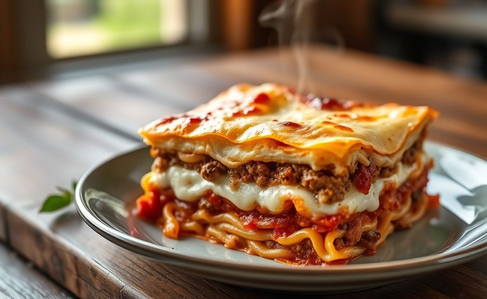 Lasanha de carne recém-saída do forno com queijo dourado derretido e camadas perfeitas visíveis no corte, prato tradicional italiano