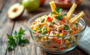 Salpicão de frango cremoso e colorido em bowl de vidro, com frango desfiado, milho, ervilha, cenoura, maçã verde e batata palha por cima