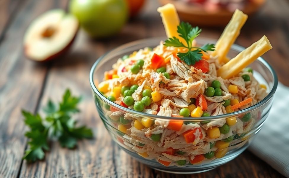 Salpicão de frango cremoso e colorido em bowl de vidro, com frango desfiado, milho, ervilha, cenoura, maçã verde e batata palha por cima