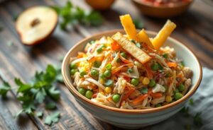 Salpicão brasileiro cremoso com frango desfiado, cenoura, milho e batata palha crocante em bowl de cerâmica