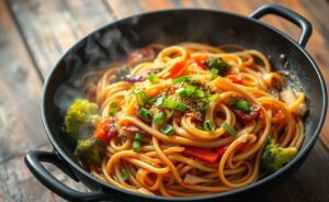 Yakisoba japonês pronto com macarrão salteado, legumes coloridos e molho brilhante servido na wok tradicional