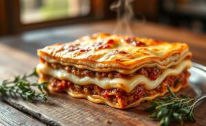 Lasanha italiana recém-saída do forno com queijo dourado derretido e camadas perfeitas visíveis no corte - ingredientes para fazer lasanha caseira