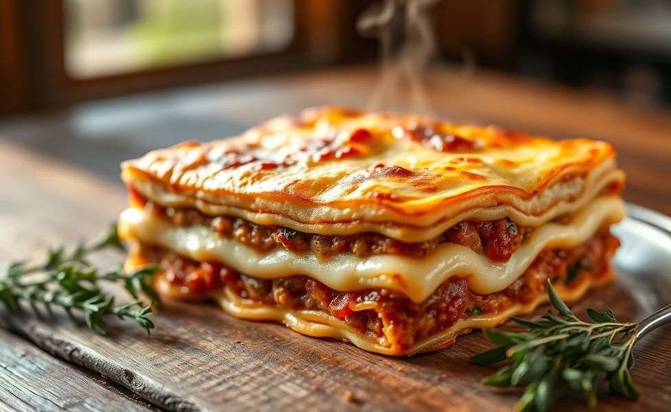Lasanha italiana recém-saída do forno com queijo dourado derretido e camadas perfeitas visíveis no corte - ingredientes para fazer lasanha caseira