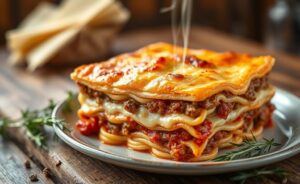 Lasanha de carne moída recém-saída do forno com queijo dourado gratinado, mostrando camadas perfeitas de massa, molho e recheio em corte transversal