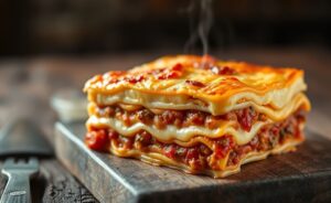 Fatia de lasanha recém-saída do forno mostrando camadas perfeitas de massa, queijo derretido e molho entre os ingredientes para lasanha
