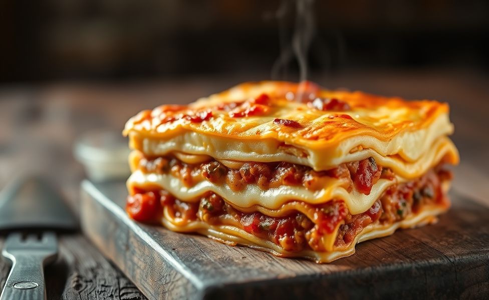 Fatia de lasanha recém-saída do forno mostrando camadas perfeitas de massa, queijo derretido e molho entre os ingredientes para lasanha