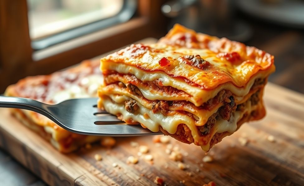 Fatia de lasanha caseira mostrando camadas perfeitas de massa, molho vermelho, queijo derretido e molho branco, com crosta dourada e aroma convidativo