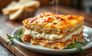 Lasanha de frango recém-saída do forno com queijo dourado e camadas perfeitas visíveis no corte, prato finalizado com ingredientes para lasanha frango selecionados
