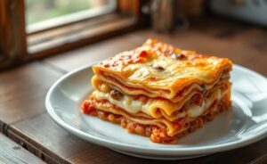 Fatia de lasanha caseira mostrando camadas perfeitas de massa, molho vermelho e queijo derretido com lasanha ingredientes frescos e aromáticos