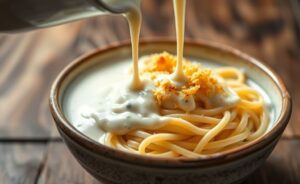 Molho branco cremoso caseiro sendo servido sobre massa fresca, textura aveludada perfeita com queijo gratinado dourado em cima