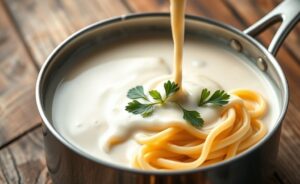Molho branco cremoso feito com ingredientes para molho branco tradicionais, textura aveludada perfeita servido sobre massa fresca com salsa