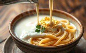 Molho branco cremoso sendo servido sobre massa fresca com queijo parmesão ralado e salsa fresca como decoração