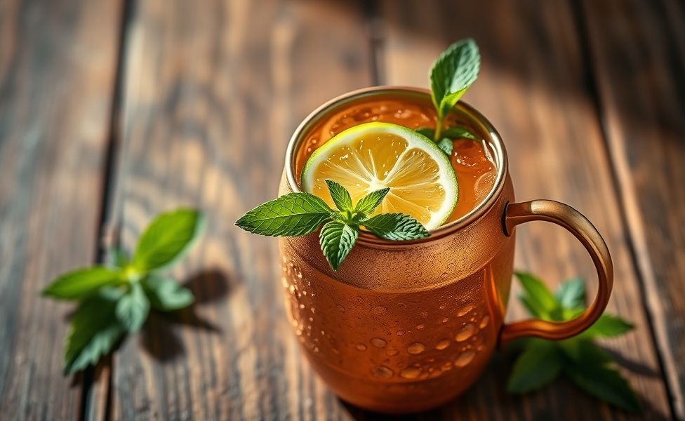Moscow Mule servido em copo de cobre com gelo, rodela de lima e ramo de hortelã - ingredientes Moscow Mule perfeitos para drink refrescante