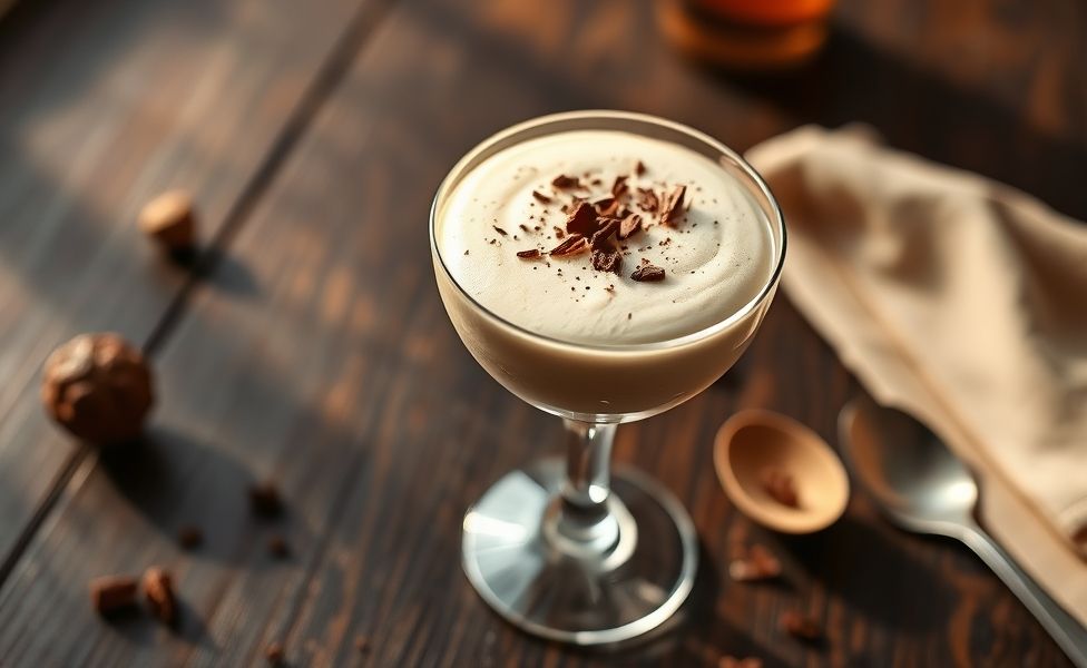 Mousse de Amarula cremoso servido em taça de cristal com raspas de chocolate, textura aveludada e apresentação sofisticada usando ingredientes especiais