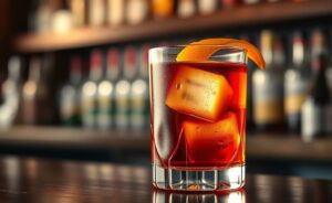 Negroni clássico servido em copo baixo com gelo transparente, líquido âmbar e casca de laranja, destacando os negroni ingredientes essenciais