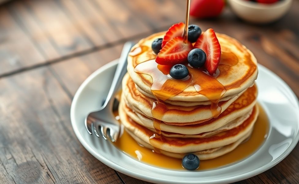 Stack of golden brown fluffy pancakes with maple syrup drizzle and fresh berries - perfect result using ingredientes panqueca tradicional