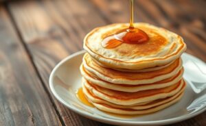Pilha de panquecas douradas perfeitas preparadas com ingredientes para fazer panqueca caseira, textura delicada em prato branco