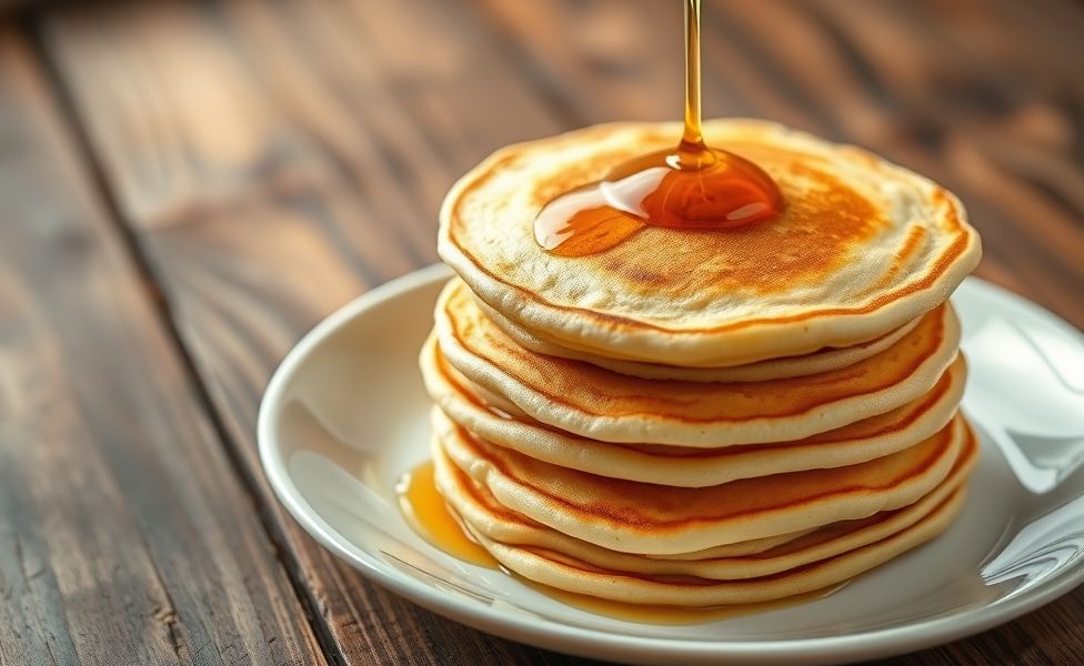Pilha de panquecas douradas perfeitas preparadas com ingredientes para fazer panqueca caseira, textura delicada em prato branco