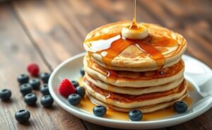Panqueca fit sem banana dourada e fofa servida em pilha com frutas vermelhas e calda, prato saudável e apetitoso