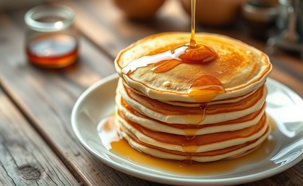 Pilha de panquecas douradas feitas com panqueca ingredientes básicos, textura macia e bordas levemente crocantes, servidas em prato branco