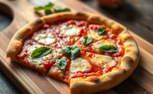 Pizza Caseira recém-assada com massa dourada crocante, queijo derretido borbulhante e folhas de manjericão fresco sobre tábua de madeira rústica