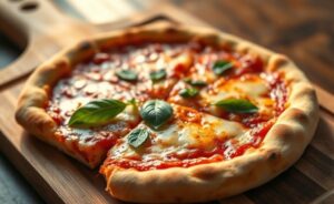 Pizza Caseira recém-saída do forno com massa dourada, queijo derretido borbulhante e folhas de manjericão fresco sobre corte rústico