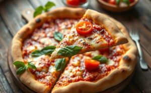 Pizza de repolho fit recém-saída do forno com queijo derretido, tomates frescos e manjericão sobre base crocante de repolho