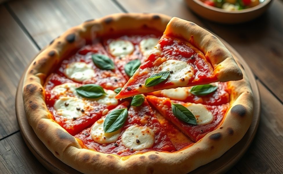 Pizza marguerita ingredientes resultando em pizza dourada com queijo derretido, molho vermelho vibrante e manjericão fresco sobre massa crocante