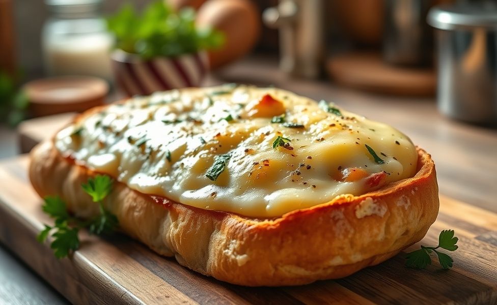 Pão de alho caseiro dourado com queijo derretido e salsa fresca, preparado com ingredientes para pão de alho selecionados