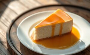 Pudim fit simples cremoso em fatia com calda dourada escorrendo, servido em prato branco sobre mesa rústica de madeira