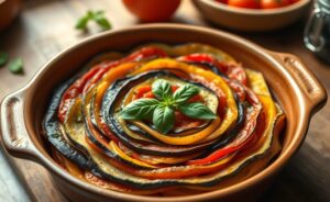 Ratatouille receita tradicional francesa com legumes coloridos dispostos em camadas perfeitas em assadeira de cerâmica