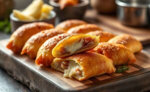 Risoles de Presunto e Queijo fritos dourados com recheio cremoso visível, dispostos em tabua de madeira rústica