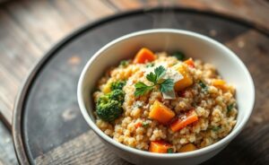 Risoto de quinoa com legumes cremoso servido em tigela branca com brócolis, cenoura e abobrinha visíveis, decorado com queijo parmesão e salsinha fresca