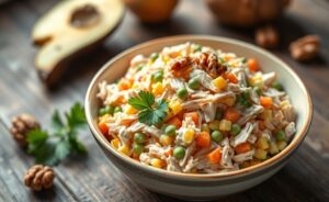 Salpicão brasileiro cremoso com frango desfiado, cenoura, milho, ervilha, maçã verde e nozes em bowl cerâmico