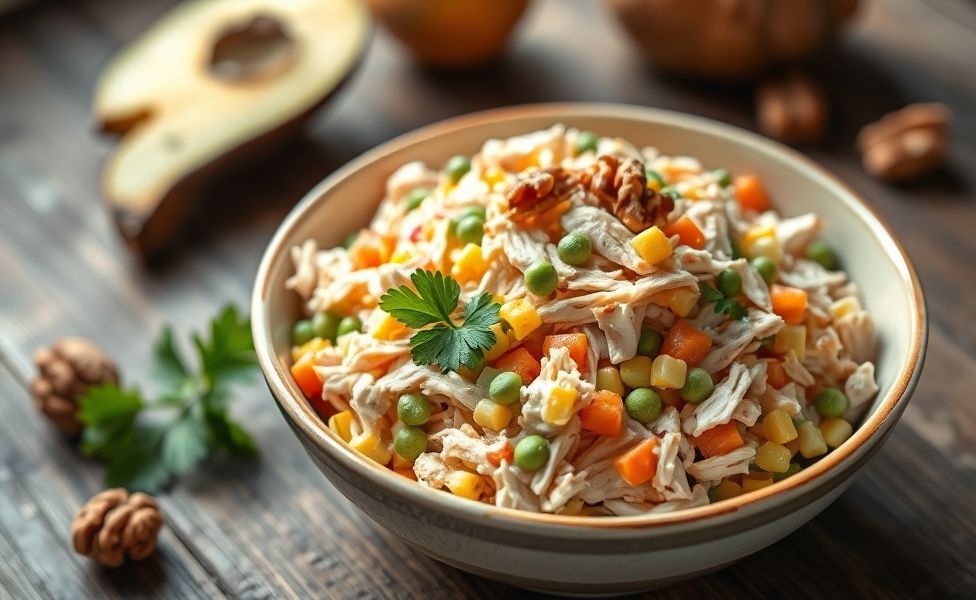 Salpicão brasileiro cremoso com frango desfiado, cenoura, milho, ervilha, maçã verde e nozes em bowl cerâmico
