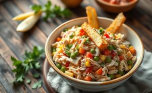Salpicão brasileiro tradicional servido em tigela com ingredientes coloridos incluindo frango desfiado, vegetais e batata palha crocante por cima