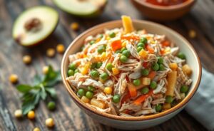 Salpicão de frango cremoso com cenoura, milho, ervilha e batata-palha crocante em bowl cerâmico - prato tradicional brasileiro